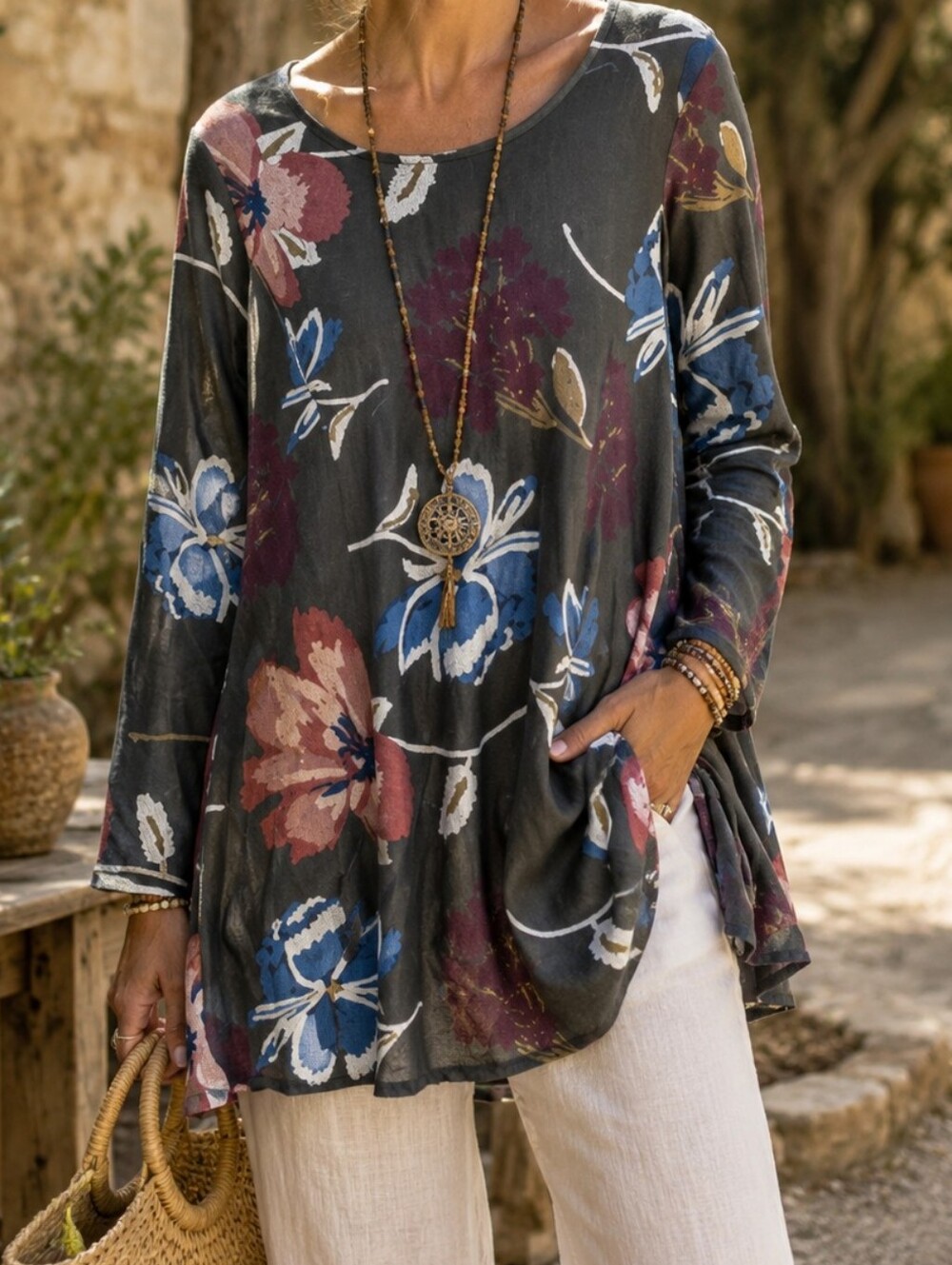 Funsport NWT Floral Long Sleeve Swing Tunic Top Boho Casual